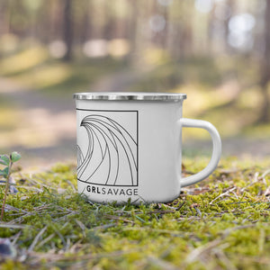 wave enamel mug sitting on mossy forest ground